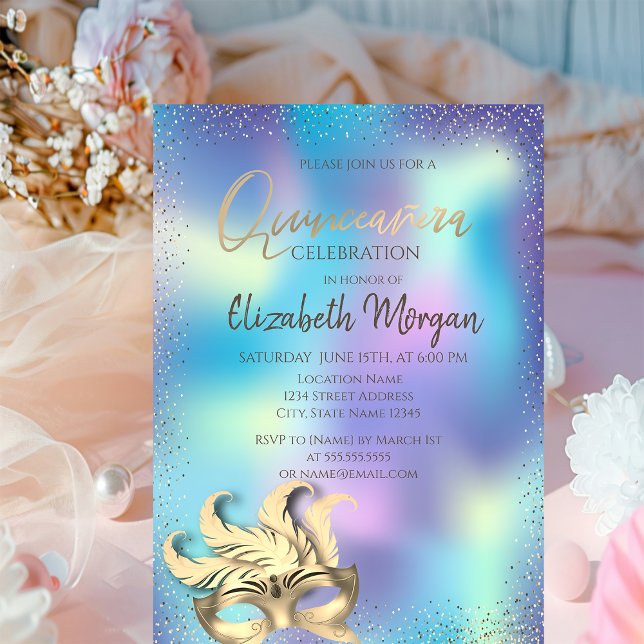 Masque,Confetti Dots Holographic Quinceañera Invitation (Creator Uploaded)