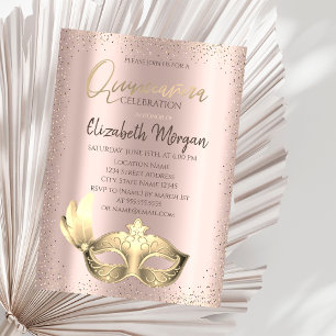 Masque,Confetti Rose Gold Quinceañera Invitation
