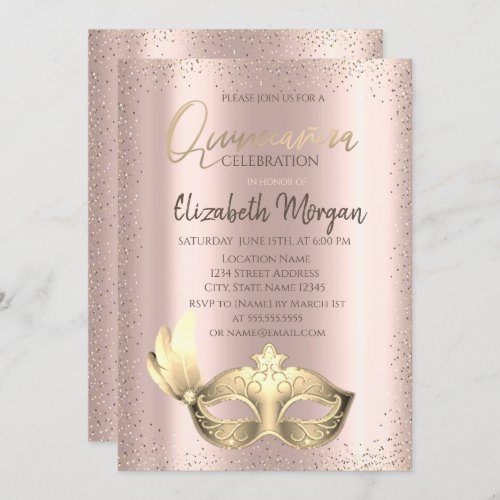 MasqueConfetti Rose Gold Quinceaera Invitation