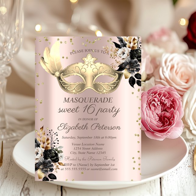  Masque Diamonds Black Roses Rose Gold Sweet 16   Invitation (Creator Uploaded)