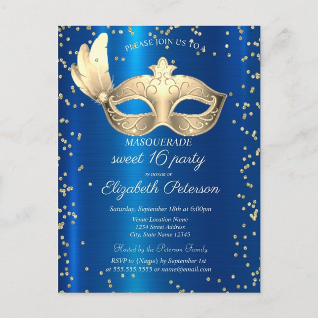  Masque Diamonds Blue Metallic Masquerade  Invitation Postcard (Front)