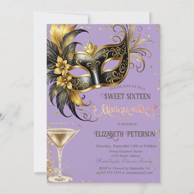 Masque Diamonds Champagne Lavander Sweet 16   Invitation (Front)