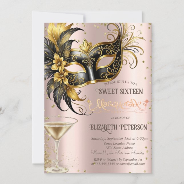 Masque Diamonds Champagne Rose Gold Sweet 16   Invitation (Front)