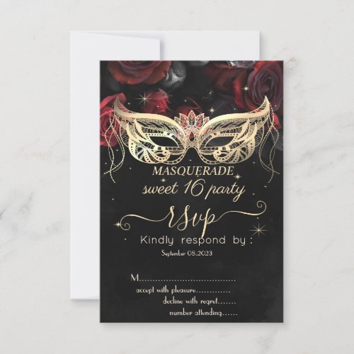Masque Diamonds Red Roses Gothic Sweet 16 RSVP Invitation
