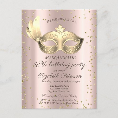  Masque Diamonds Rose Gold Masquerade18th Birthday Invitation Postcard