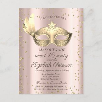  Masque Diamonds Rose Gold Masquerade Sweet 16   Invitation Postcard