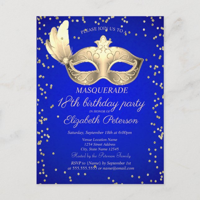  Masque Diamonds  Royal Blue 18th Birthday Invitation Postcard (Front)