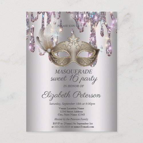 MasqueDripsMasquerade Sweet 16    Invitation Postcard