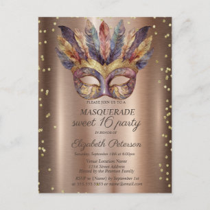 Masque Feathers Gold Diamonds Copper Sweet 16  Invitation Postcard