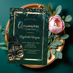 Masque,Frame,Confetti Green Quinceañera Invitation