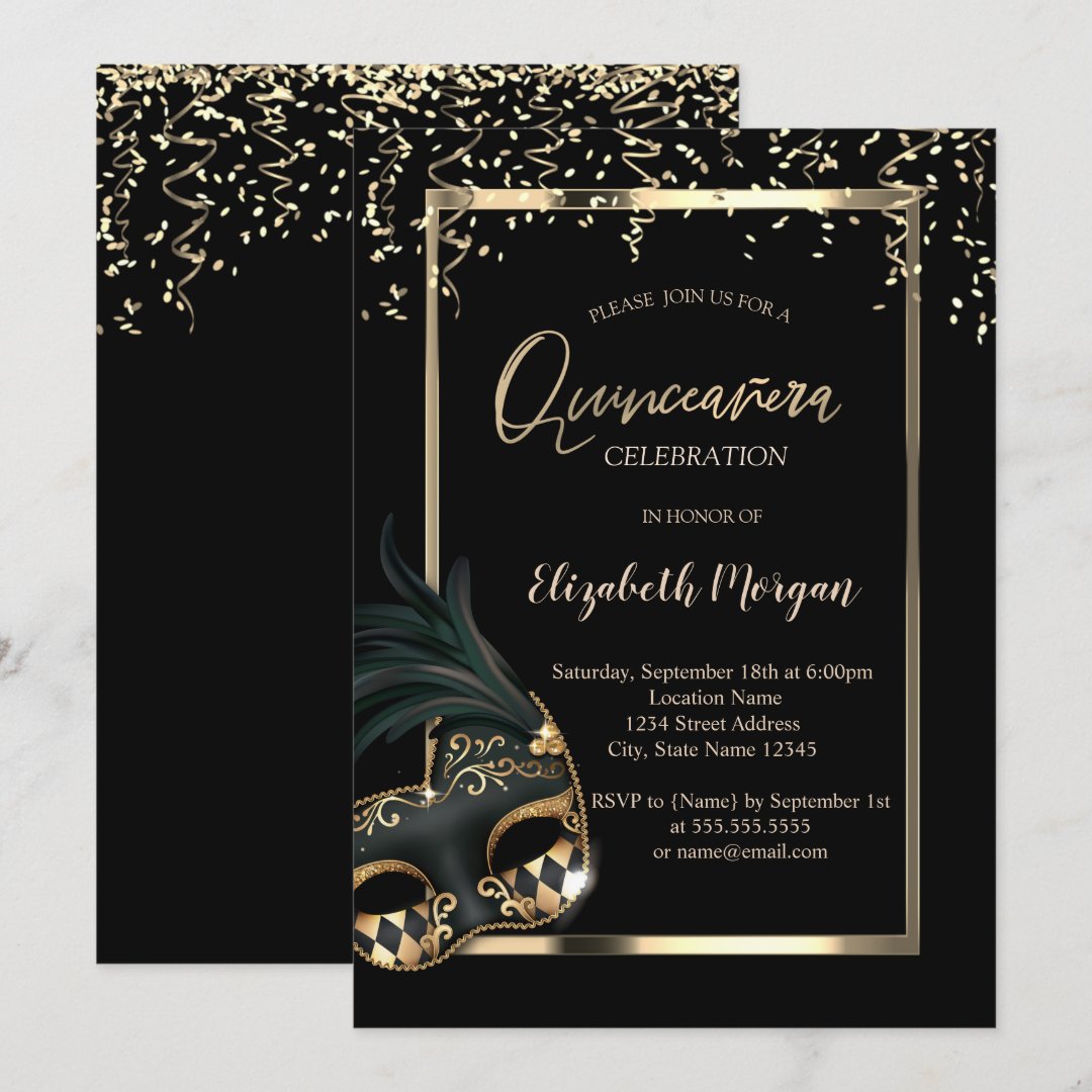 Masque,Frame,Confetti Masquerade Quinceañera Invitation | Zazzle