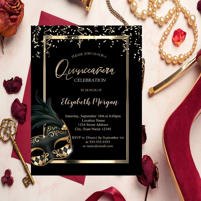 Masque,Frame,Confetti Masquerade Quinceañera  Invitation (Creator Uploaded)