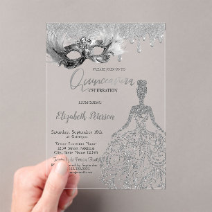 Masque Glitter Dress Drips Silver Quinceanera Acrylic Invitations