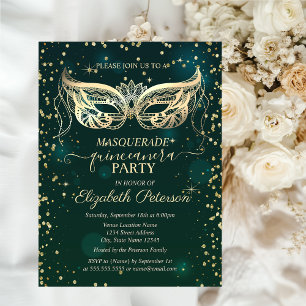 Masque Gold Diamonds Green Quinceañera  Invitation Postcard