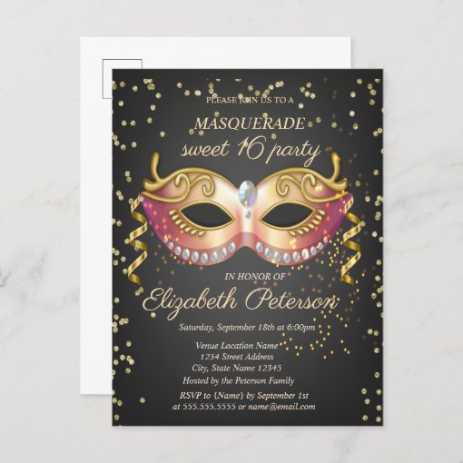 Masque Gold Diamonds Masquerade Sweet 16 Invitation Postcard Zazzle