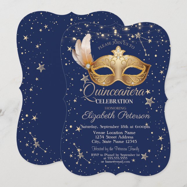 Masque Navy Blue Stars  Quinceañera Invitation (Front/Back)