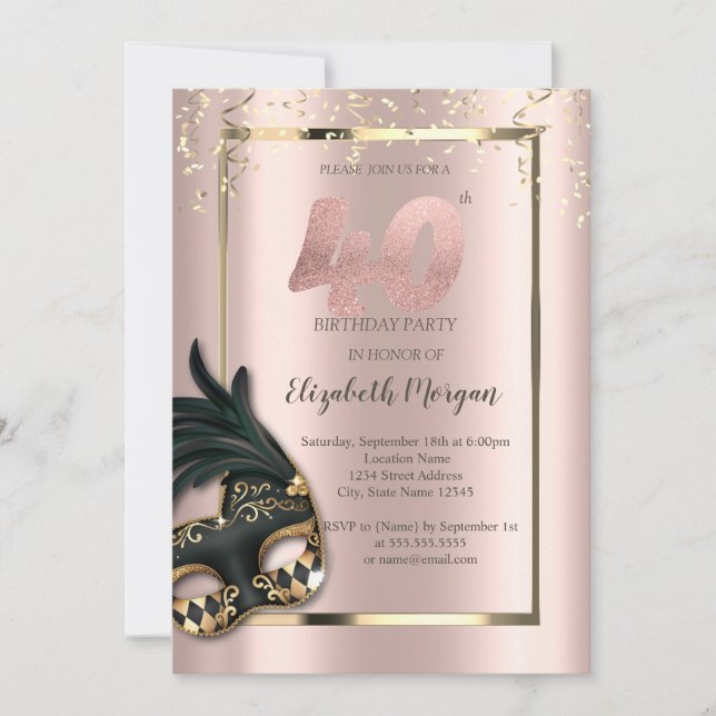 Masque Rose Gold 40th Birthday Invitation (Front)