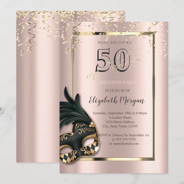 Masque Rose Gold 50th Birthday Invitation (Front/Back)