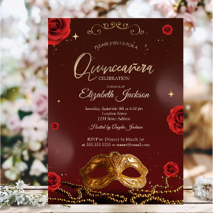 Masque Roses Pearls Burgundy Quinceanera  Invitation