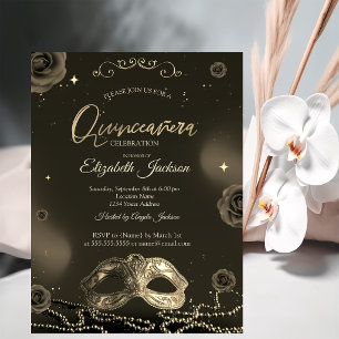 Masque Roses Pearls Gray Quinceanera Invitation