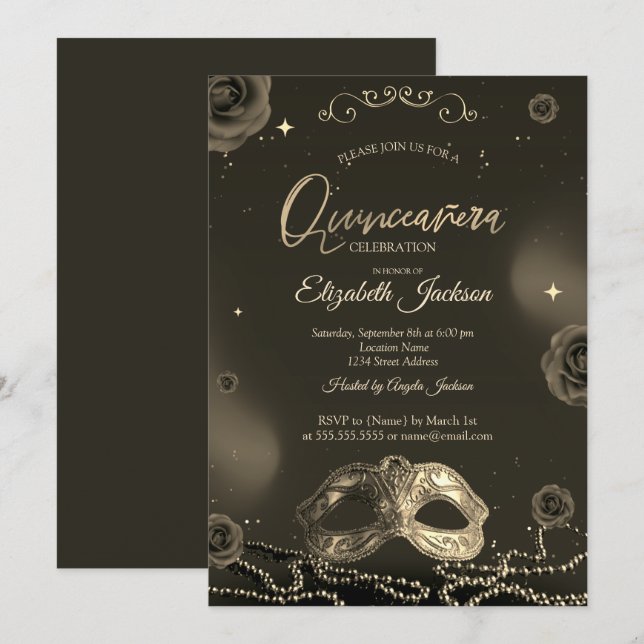 Masque Roses Pearls Gray Quinceanera  Invitation (Front/Back)