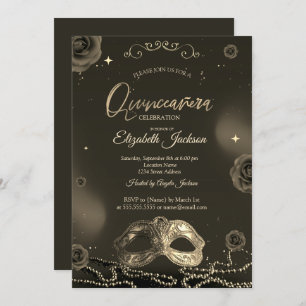 Masque Roses Pearls Gray Quinceanera Invitation