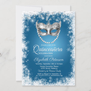 Masque,Snowflakes,Blue Quinceañera Invitation