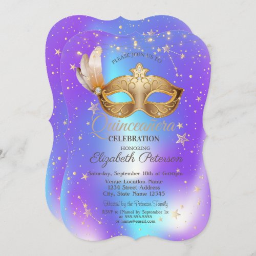 Masque Stars Holographic Quinceaera  Invitation