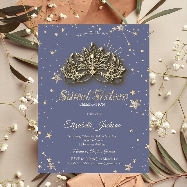 Masque Stars Pastel Lavander Sweet 16 Invitation (Creator Uploaded)