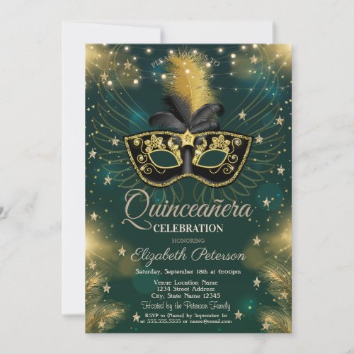 MasqueString LightsStars Green Quinceaera  Invitation