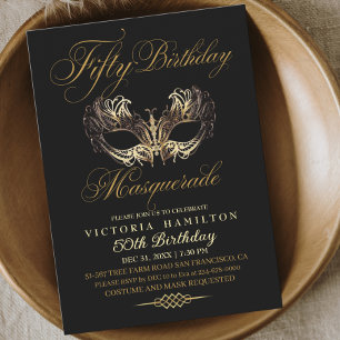 Masquerade 50th Birthday Black Gold Mask Invitation