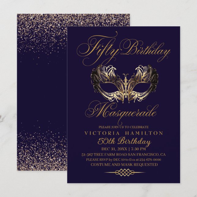 Masquerade 50th Birthday Blue Gold Invitation (Front/Back)