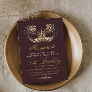 Masquerade 50th Birthday Burgundy Gold Mask Invitation