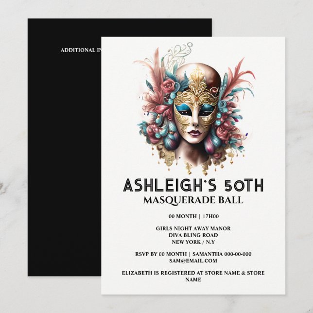 Masquerade 50th birthday Venetian ladies face mask Invitation (Front/Back)