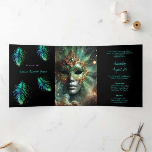 Masquerade and Feathers Sweet 16 Party Invitation