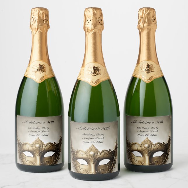 Masquerade Antique Venice Mask Chic 50th Birthday Sparkling Wine Label (Bottles)