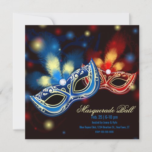 Masquerade B Red and Blue Blue Elegant Invitation