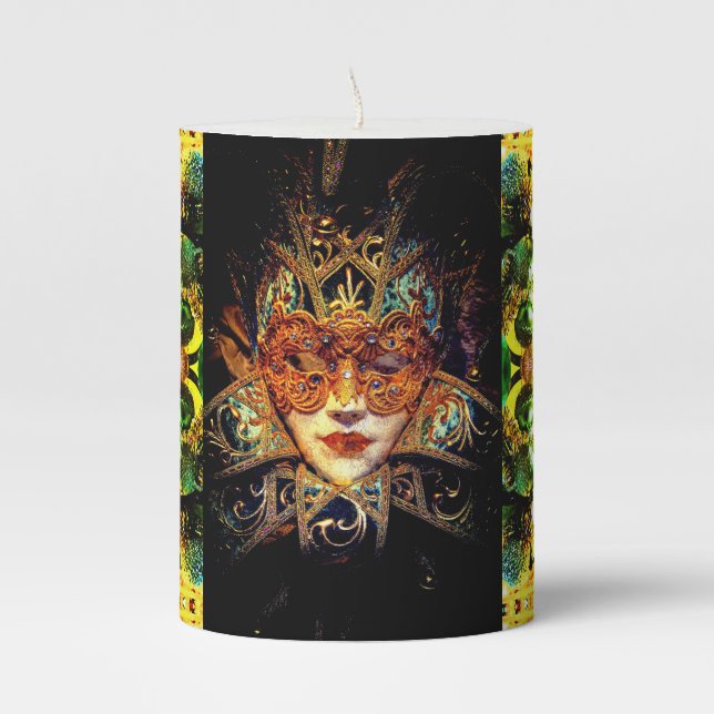 Masquerade ball beauty mask elegant gothic pillar candle (Front)