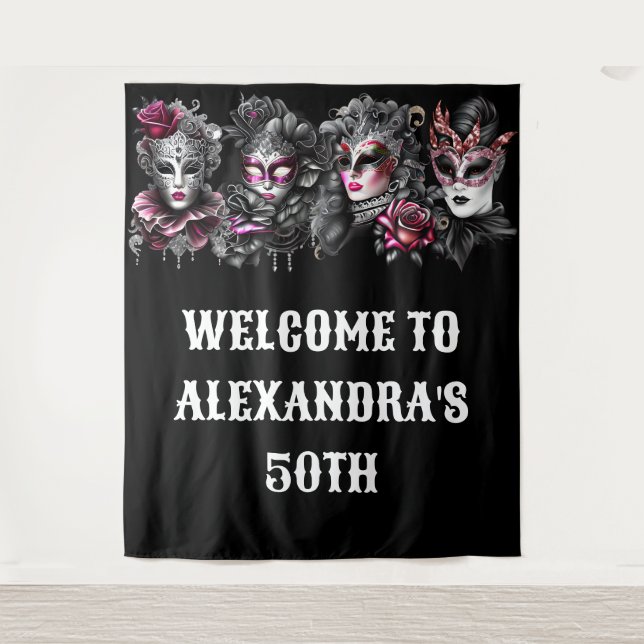 Masquerade ball birthday pink black silver masks tapestry (Front)