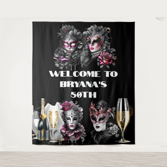 Masquerade ball birthday pink black silver masks tapestry (Front)