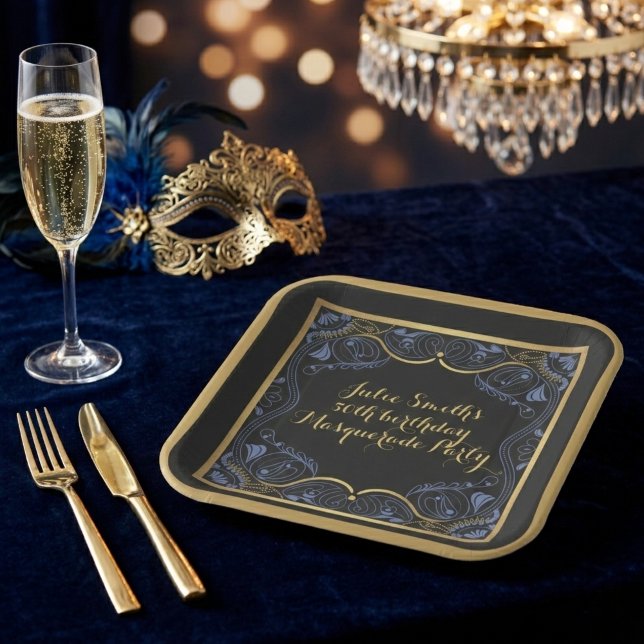 Masquerade Ball Blue and Gold Elegant Birthday Paper Plates (Creator Uploaded)