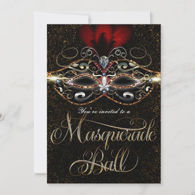MASQUERADE BALL Elegant Red Gold Party Invitations (Front)