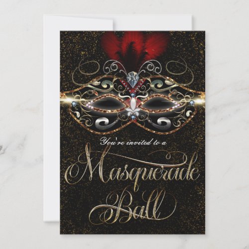 MASQUERADE BALL Elegant Red Gold Party Invitations