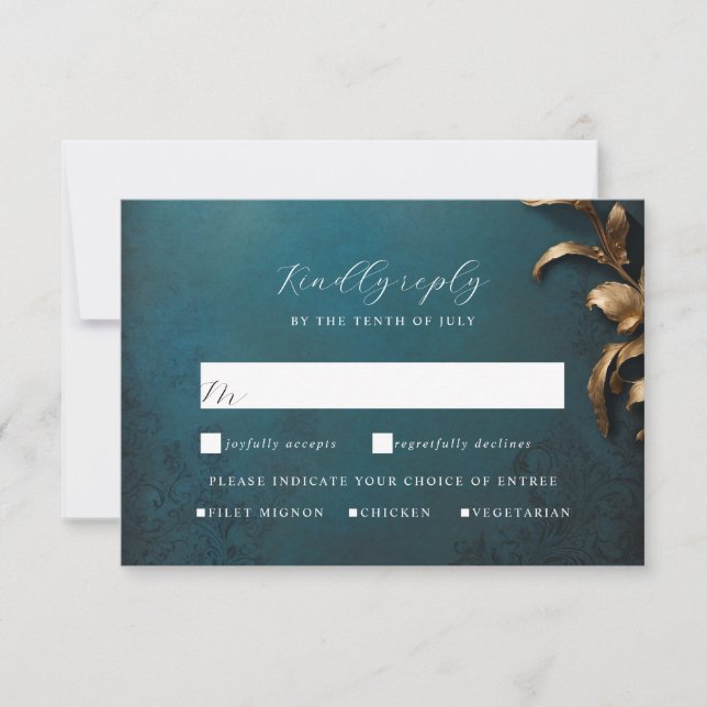 Masquerade ball gold and blue rsvp card (Front)