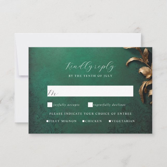 Masquerade ball gold and green rsvp card (Front)