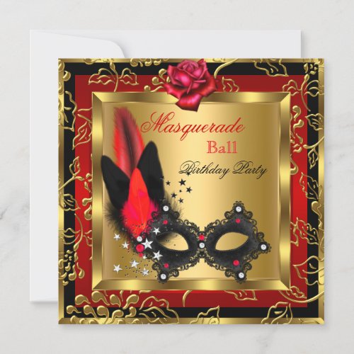 Masquerade Ball Gold Red Black Mask Rose Invitation
