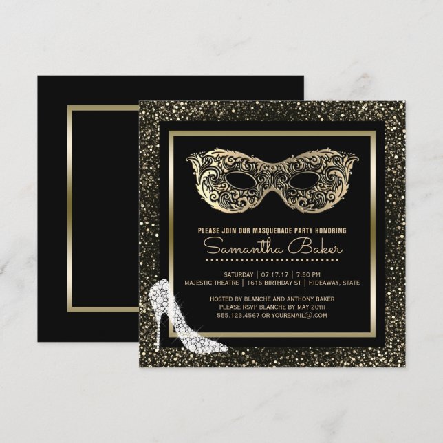 Masquerade Ball High Heels Black Gold Sweet 16 Invitation (Front/Back)