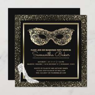 Masquerade Ball High Heels Black Gold Sweet 16 Invitation