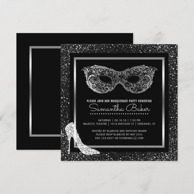 Masquerade Ball High Heels Black Silver Sweet 16 Invitation (Front/Back)