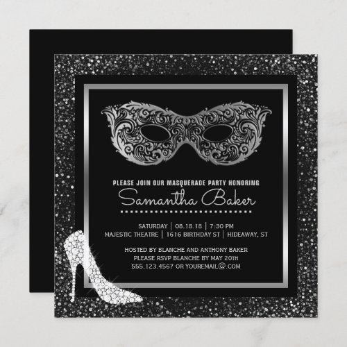 Masquerade Ball High Heels Black Silver Sweet 16 Invitation